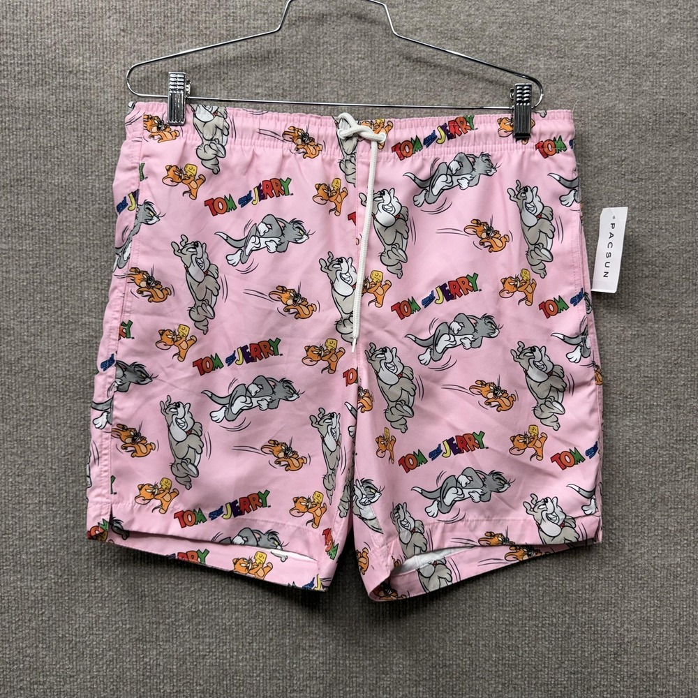 PacSun Swim Shorts‎ Mens Medium Pink Tom Jerry Graphic Elastic Waist NEW